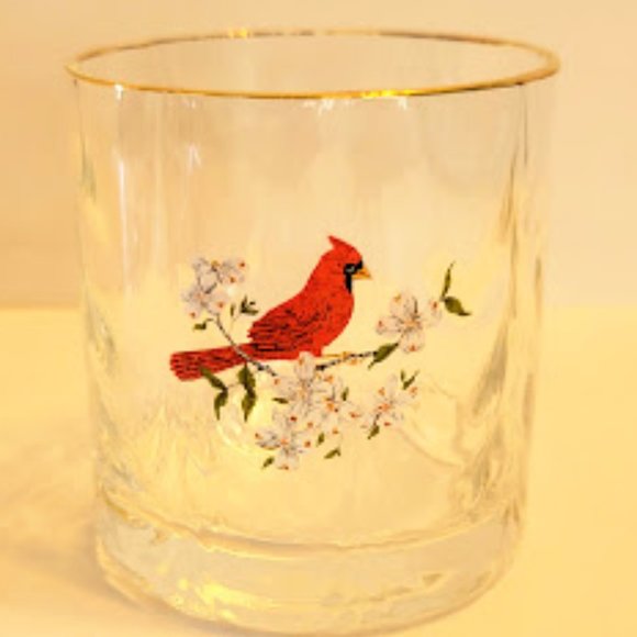 VINTAGE DOUBLE OLDFASHION/ROCKS GLASS WITH CARDINAL AND FLOWERS - Picture 1 of 4